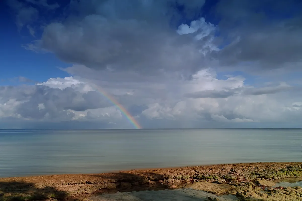 pacific, rainbow, ocean, clouds, philippines, coast, nature, beach