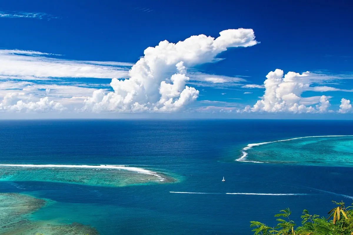 moorea, pacific ocean, clouds, ocean, ship, blue, water, beach, seashore, nature, shore, coast, island, coral, reef, french polynesia, pacific ocean, pacific oc
