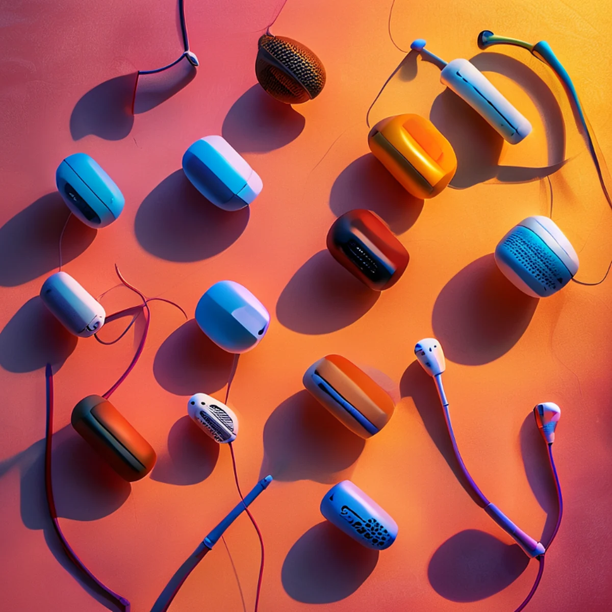 Diferentes tipos de auriculares inalámbricos dispuestos estéticamente.